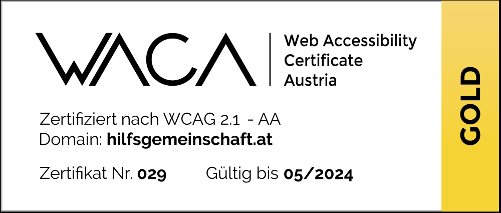 Ein Zertifikat aus einem großen weißen und einem kleinen goldenen Teil. Die wichtigsten Infos: Zertifiziert nach WCAG 2.1 - AA, Zertifikat 29, gültig bis 05/2024.